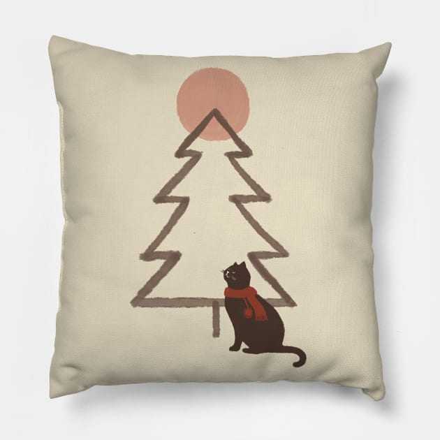 Abstract Minimal Christmas tree and cat Pillow by Chewbarber