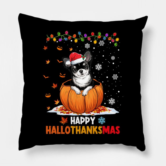 Chihuahua On Pumpkin Happy Hallothanksmas Pillow by Magazine