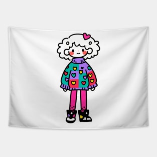 Sweet girl in  sweater with heart shape pattern Tapestry