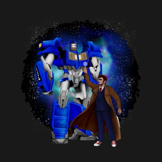 10th Doctor with Giant retro Robot Phone Box by Dezigner007