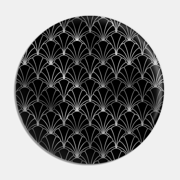 Scallop Shells in Black and Silver Art Deco Vintage Foil Pattern Pin by podartist