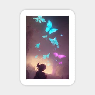 Cute Anime Girl Butterflies Lights Forest Landscape Magnet