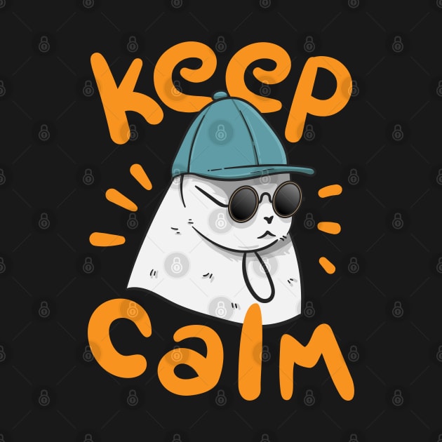 Illustration of a white cat wearing glasses and a hat "Keep Calm" by Wahyuwm48