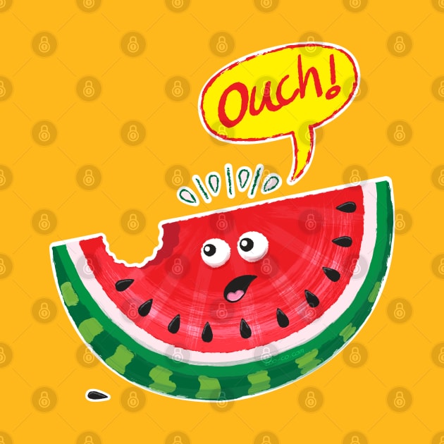 Funny piece of summer watermelon expressing pain after a bite by zooco