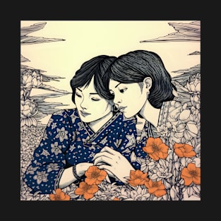 Two Asian female Friends in Flower Field T-Shirt