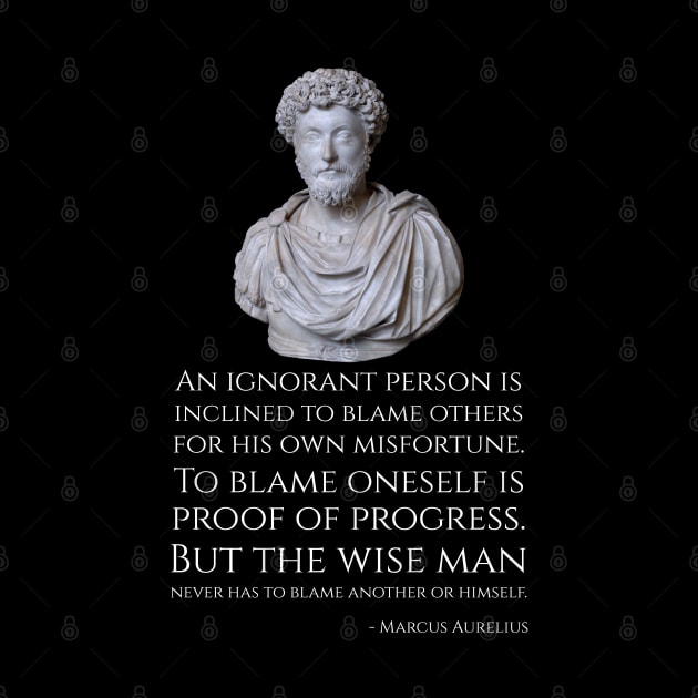 An ignorant person is inclined to blame others for his own misfortune. To blame oneself is proof of progress. But the wise man never has to blame another or himself. - Marcus Aurelius by Styr Designs