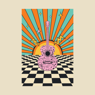 Retro pink guitar and chess floor T-Shirt