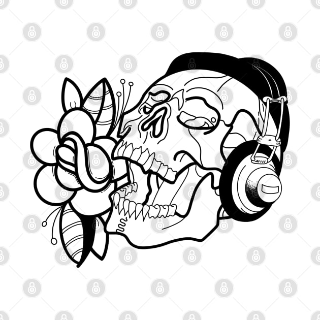 Music Skull head w/ headphones and Rose by ladyjrae