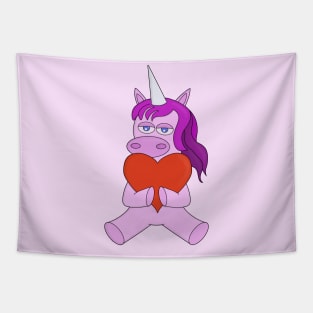 An adorable pink unicorn hugging a red heart Tapestry