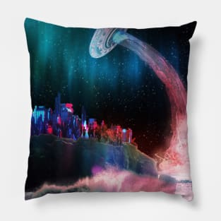 Waves At The Alien Beach As UFO Takes Off Into Space Pillow