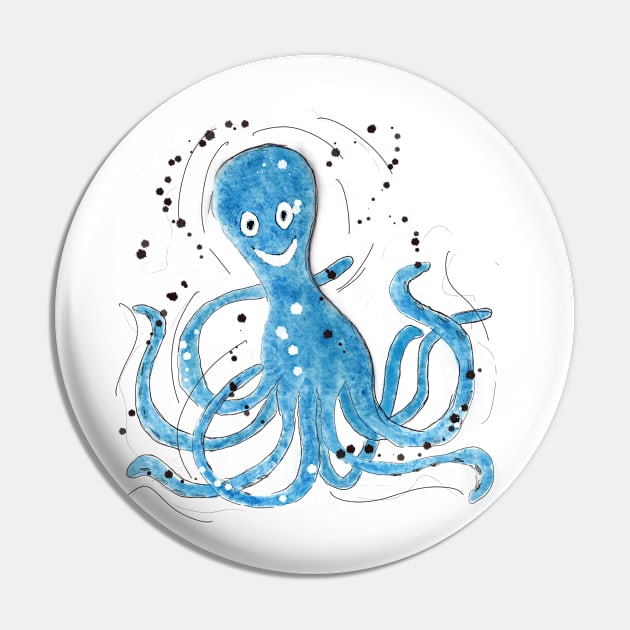 Happy Blue Cartoon Octopus Pin by gldomenech