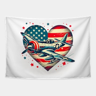 Retro july 4th Fighter Jet Airplane, American Flag Heart, Freedom Tapestry