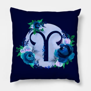 Aries Zodiac Horoscope Blue Floral Monogram Pillow