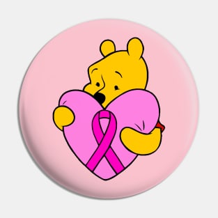 Yellow Bear hugging pink Awareness ribbon Pin