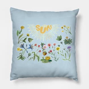 Sun and Flowers Cottagecore Aesthetic Botanical Illustration Collage Pillow
