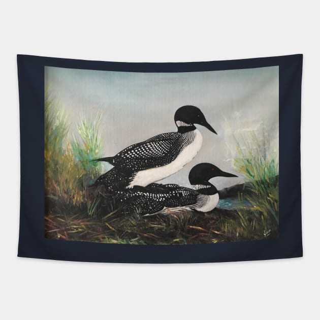 Two Loons in Perfect Tune Tapestry by artdesrapides