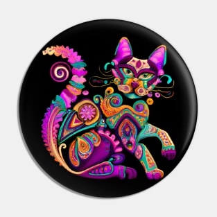 Folk art cat, colorful mexican ethno design Pin