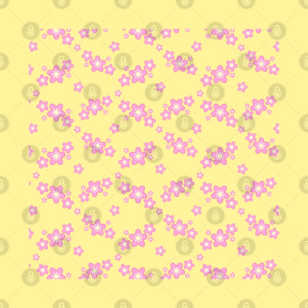 Cherry Blossom Sakura Flower Clusters Pattern in Yellow Background by Kelly Gigi