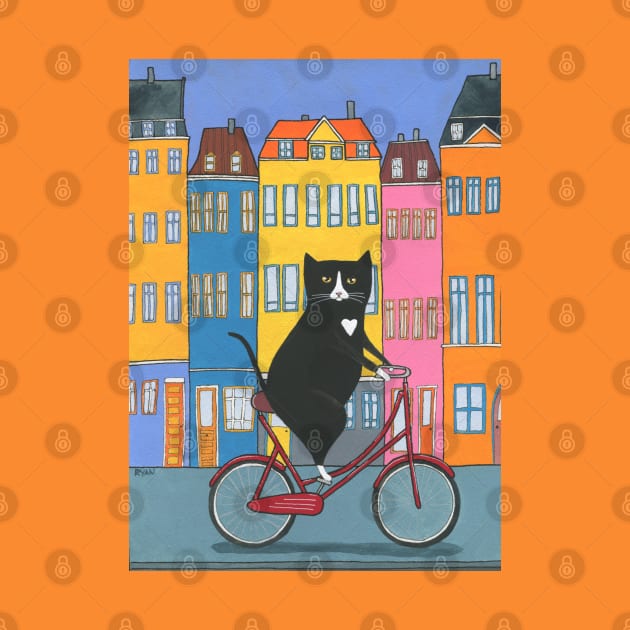 Tuxedo Cat Copenhagen Bicycle Ride by KilkennyCat Art