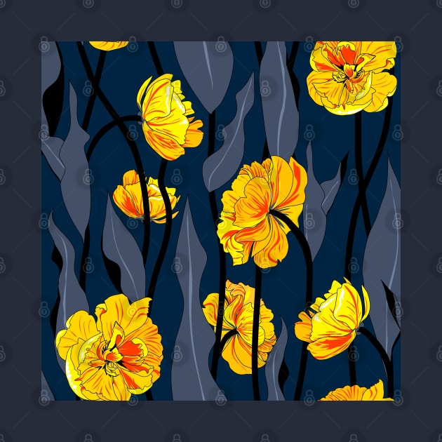 yellow double tulip on dark blue foliage by kobyakov