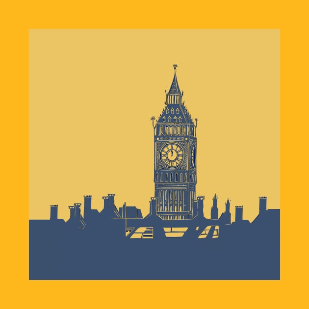 Big Ben and London Skyline in Blue and Mustard yellow by Maddybennettart