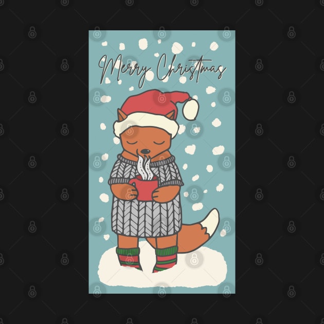 Merry Christmas , cute little fox drinking hot chocolate in the snow by marina63