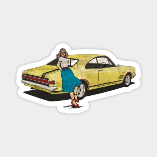 vintage yellow car and woman Magnet