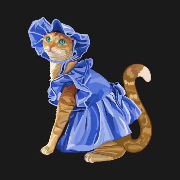 Girly Ginger Cat in Blue Dress by Art by Deborah Camp