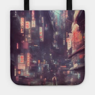 Urban Atmosphere Artistry - Moody Anime Noir Cinematic Japanese Cityscape Tote