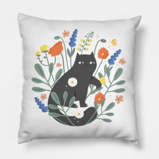 Black kitty in the garden Pillow