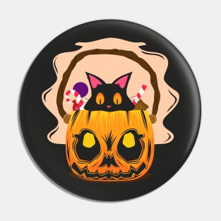 Cat in pumpkin with sweets on Halloween Pin