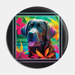 Loyal Labrador Retriever Floral Vibrant Tropical Digital Oil Painting Portrait Pin