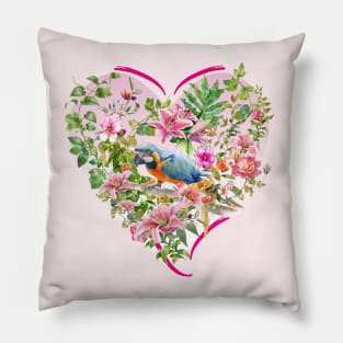 Pink Floral Heart with Blue Parrot Pillow