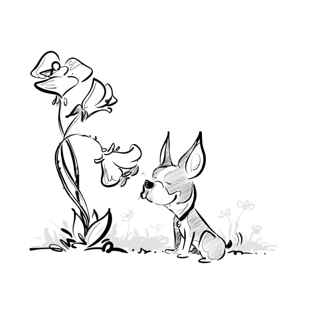 Boston Terrier Smelling Flowers (Light Version) by Jason's Doodles