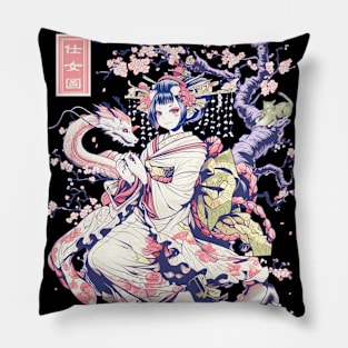 Japanese Girl With Dragon and Cats T-Shirt 02 Pillow