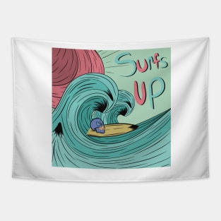 Skull on a surf board riding a wave Tapestry