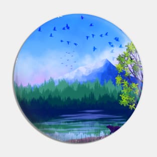 Forest With Lake, Mountain and Bear Pin