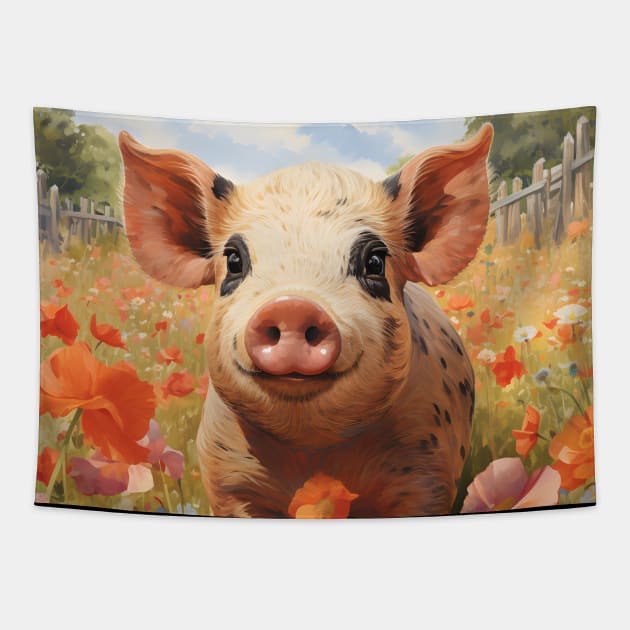 Retro Vintage Cute Pig in Field - Charming Artwork for Pig Lovers Tapestry by The Whimsical Homestead