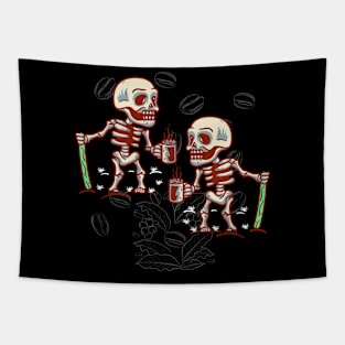 Skeleton With Smiling Skull Drinking Coffee Tapestry