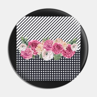 Pink floral Black Gingham / Pink roses / Black Pattern Pin