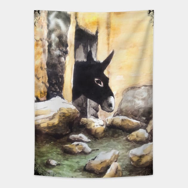 At the Window - Donkey Portrait Watercolor Tapestry by BluedarkArt