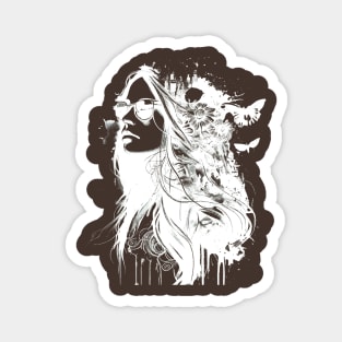 Black and white hippie portrait woman with flowers Magnet