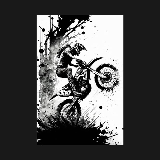 Dirt bike cool wheelie - splashed ink - white background by KoolArtDistrict