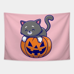 Cute Cat Laying On Pumpkin Halloween Cartoon Tapestry