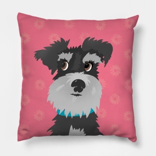 Salt and Pepper Miniature Schnauzer Dog with Pink Daisies Pillow