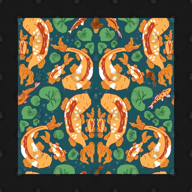 Complex swimming koi fish - yellow, orange, blue and green by Ipoole