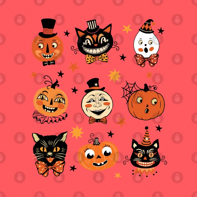 Vintage Halloween Folk Art Retro Pumpkins and Cats by PUFFYP