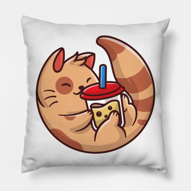 Cute Cat Drink Boba Milk Tea Cartoon Vector Icon Illustration Pillow by Catalyst Labs