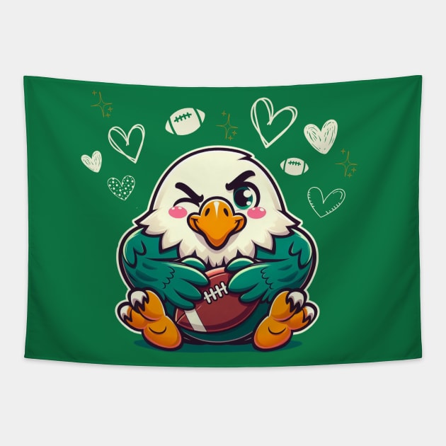 Adorable Eagle Mascot with Football - Sports Fan Art Tapestry by Curious Sausage