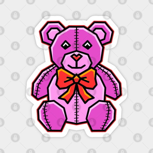 Cute Pink Teddy Grizzzly Bear with Red Ribbon Bow Tie - Think Pink - Teddy Bear Magnet by Bleeding Red Paint